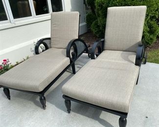 Lot 3151.  $750.00.  Two Chaise Lounge Chairs w/Gray premium cushions by Smith & Hawken.  Marvelous condition.  The owner paid $1800.00.  Both Cushions displayed.  These chaise loungers will last forever!