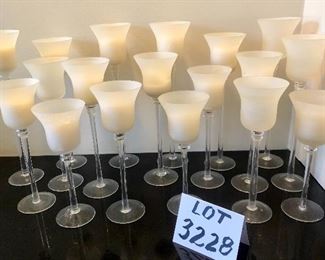 Lot 3228.  $56.00 18 stemmed votive cups (4 w/o votives) plus 12 votive candles.	Perfect for a do-it-yourself wedding or rehearsal dinner. 3 different sizes.