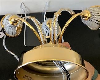 Lot 3238.  $180.00  1  Beautiful Beaded tulip sconce with three flowers. Gold tones, Progress Lighting.	16"W x 10" H x 10" diameter base plate.  Very Unique, could work in Hollywood Regency or Art Deco.  