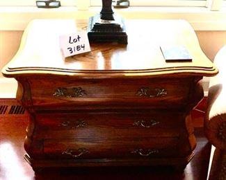Lot 3184. $250.00   Vintage Hekman 3 drawer oak chest w/rounded lines and antique brass pulls. 18"D x 30"W x 25"H	 Dovetailed construction.  So cute Bombe style!