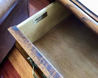 Lot 3184. $250.00   Vintage Hekman 3 drawer oak chest w/rounded lines and antique brass pulls. 18"D x 30"W x 25"H	 Dovetailed construction.  So cute Bombe style!