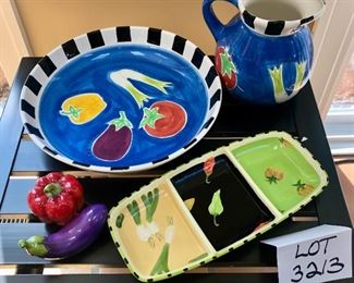 Lot 3213. $50.00 Hausenware serving/pasta bowl, 13.5" Diameter and matching pitcher!  A 13" x 6" baker by Eileen Tramonte and matching salt and pepper shaker set. (Apples are not included in this lot)	