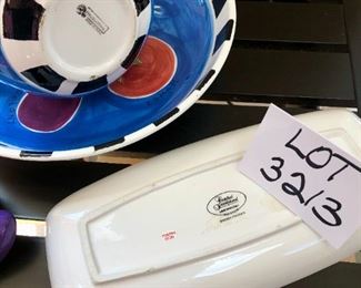 Lot 3213. $50.00 Hausenware serving/pasta bowl, 13.5" Diameter and matching pitcher!  A 13" x 6" baker by Eileen Tramonte and matching salt and pepper shaker set. (Apples are not included in this lot)	