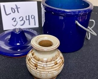Lot 3349. $40.00.  Cobalt Wire Locking Crock, small bud vase/ink well, dripping crock in porcelain (by Lillian Vernon), and small pitcher with matching base.  Dripping crock is 6.5" tall. 
