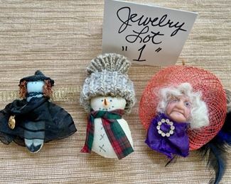 Jewelry & Misc. Lot 1 -  $24.00. Three adorable pins from art fairs - Halloween, a snowman and a cute Old Lady Pin.  Would be darling on a jacket lapel, or a gift as they are all in perfect shape!