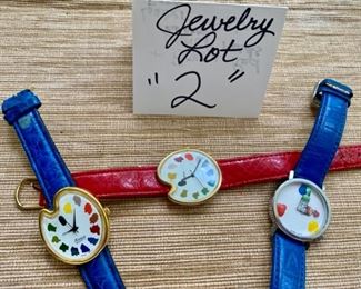 Jewelry & Misc. Lot 2 - $40.00 Two "Artist Genre" Watches + Bonus:  1.  J.C. Mareschal design, made in France.  2.  Ronica Quartz watch, and the Bonus:  A darling Red St. Marin Watch, showing paint swatches as the clock numbers on the face - needs a new band, but it sure is cute!