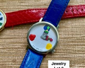 Jewelry & Misc. Lot 2 - $40.00 Two "Artist Genre" Watches + Bonus:  1.  J.C. Mareschal design, made in France.  2.  Ronica Quartz watch, and the Bonus:  A darling Red St. Marin Watch, showing paint swatches as the clock numbers on the face - needs a new band, but it sure is cute!