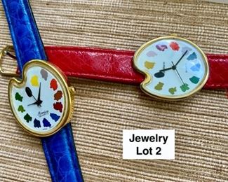 Jewelry & Misc. Lot 2 - $40.00 Two "Artist Genre" Watches + Bonus:  1.  J.C. Mareschal design, made in France.  2.  Ronica Quartz watch, and the Bonus:  A darling Red St. Marin Watch, showing paint swatches as the clock numbers on the face - needs a new band, but it sure is cute!