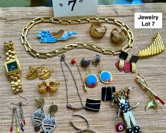 Jewelry & Misc. Lot 7 - $50.00. The Bonanza of costume jewelry lot!  18 pieces, including 1 gold tone necklace, 1 Jones NY watch, 1 Cute Lady Shopper pin, 1 Bracelet, 9 pairs of earrings (Newpro, Monet, and Shye or could be Skye) 1 angel. 1 ladies golf pin, gold-tone pin, one stick pin, and 1 Irish Claddaugh bracelet.   Get cute little gift bags and a little tissue paper, and you've done 17 of your gal pal Christmas gifts in one click!
