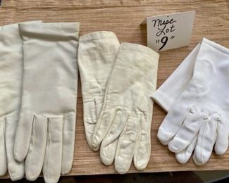 Jewelry & Misc. Lot 9 - $40.00. Three pairs of ladies gloves include: One Ivory or off-white leather pair from Fownes, Sz. 7 with 100% cashmere lining (the best!) mid-arm length, one pair cream buttery leather short gloves, sz 7 with pearl closures, and lastly, one pair of opera long gloves (reminds me of what we wore way back when to a school formal dance, lol) great shape, and they appear to be the same size 7.  