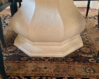 Lot 3173. $2,600.00 OOOHHH! Look at that base! Fabulous Remi Lugano Limestone table with custom beveled glass top and 6 "Emerson et Cie" Dining Chairs.   (The Company's name had its origin in the French tradition of adding "et Cie" to indicate a family-owned business,  and this six-generation company moved to High Point, NC.  to take advantage of the skilled labor force for furniture building.)  The owner paid $2,350  for the table alone, an additional $1,000 for the custom cut beveled glass)  and the six chairs with custom upholstery were no doubt a fortune, as nothing from Emerson et Cie is cheap!  The table measures 58" round x 30"H; Chairs: 37"H to back, 21"W x 19"D x 20" H to seat.  You will need to have professionals move it for you.  The table is in two pieces plus the glass. 