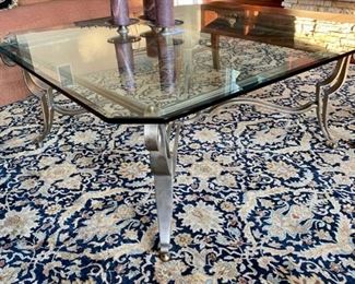 Lot 3186. $3,200.00  Jaipur Wool Rug, navy, tan, teal, excellent shape! Has a beautiful sheen. Owner Paid $7800 for the rug! 12' x 15'	