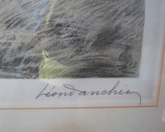 Signed Leon Danchin Antique French Hand Colored Etching