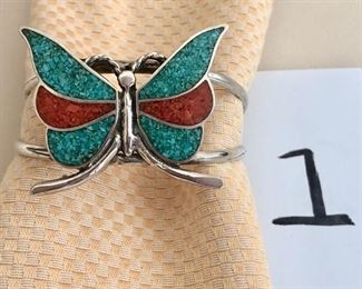 $65.00   Lovely sterling silver cuff bracelet with a large turquoise and spiny oyster butterfly.