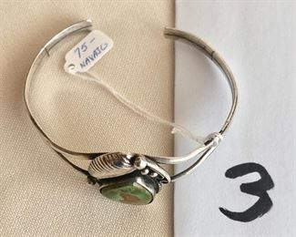 $75.00.   Signed Navajo sterling silver cuff bracelet with green turquoise