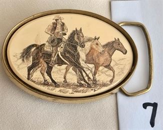 $25.00.   Vintage (1983) solid brass Barlow belt buckle with etched scrimshaw design.  Suitable for a man or a woman.