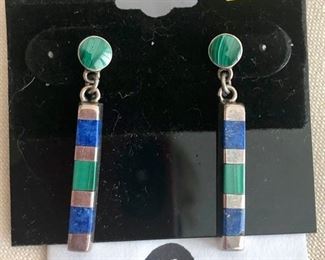 $30.00.   Sterling silver, lapis, and malachite pierced earrings - 1.5" long.