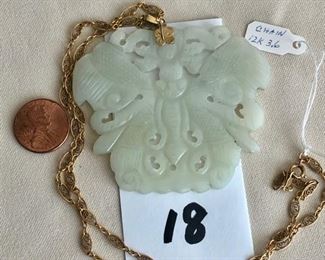 $150.00.   Large carved celadon jade butterfly on a vintage  20" 12k yellow gold chain.