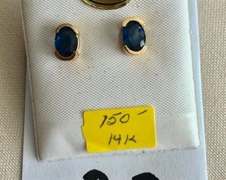 $150.00.   14k yellow gold and deep blue sapphire earrings.