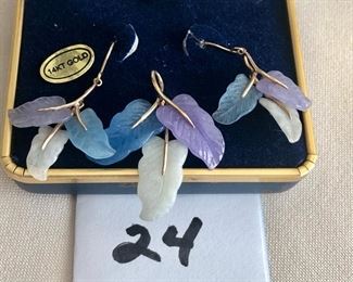 $150.00.   14k yellow gold lavender/celadon/blue jade earrings and matching pendant.  Pendant measures 1.5" long.