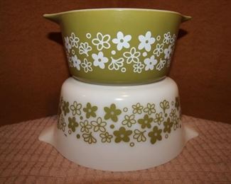 50% OFF ALL PYREX PIECES                                                    $25. Crazy Daisies #474. White with green. 1.5 qt.          $20. Crazy Daisies #473. Green with white. 1 pint.