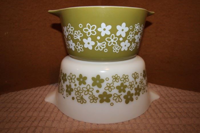 50% OFF ALL PYREX PIECES $25. Crazy Daisies #474. White with green. 1.5 qt. $20. Crazy Daisies #473. Green with white. 1 pint.