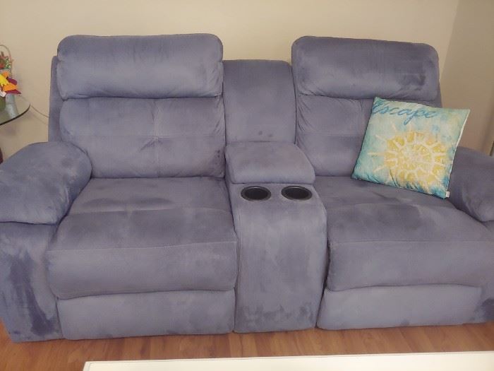 Micro-fiber Dusty Blue Love Seat with Recliners & Cup Holders