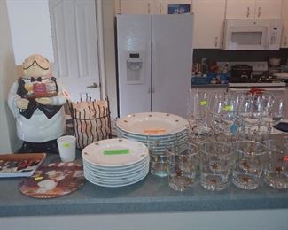 Chef Cookie Jar, Himalayan Salt Lite with Dimmer, White Dinner/Salad Plates with Gold Start, Glasses with Gold Start ++