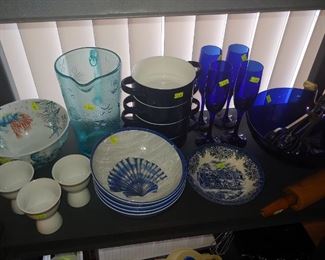 Plastic Beach Bowls, Pitcher, Soup Bowls with Handles, Cobalt Bowl, Rolling Pin & Egg Cups