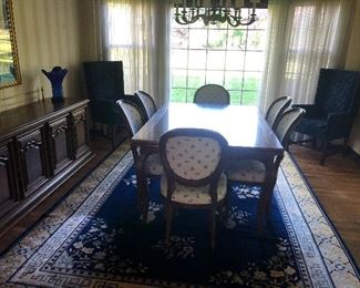 Walnut dining table (62 x 42 x 30) with 3 leaves (122" total) and table pads $900, 6 french provencial-styled chairs (20 x 18x 36) - set $900, Sideboard (80 x 19 x 36) $350, Wool Area Rug 11'8" x 8' - $750