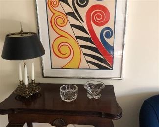 CALDER - numbered:  85/99 and signed lithograph (35" x 27")-  $1650, brass lamp with gold shade $95, Steuben and Orrefors bowls 
