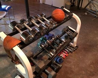 Weight rack with multiple sets of weight sets:  $10 - $125, rack priced separately - $75, weight belt and signed basketball available.  some hand weights have been sold 