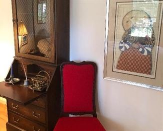 Secretary desk with 3 drawers (26.5 x 26.5 x 76) $200, red side chair with wool upholstery $75, a framed print $40