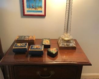 Glass lamp $90, lacquer boxes $10 - 30, nightstand with drawer and lower-tier $100