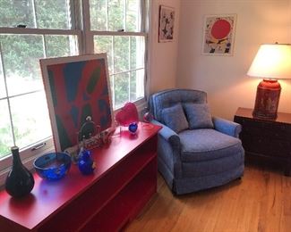 Red bookcase w 2 shelves $40, armchair (32 x 33 x 31) $250, framed print, and more!