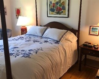 Queen 4-poster mahogany bed with mattress $800, Italian linens, nightstand with drawer and lower-tier $100, lacquer music boxes  and jewelry boxes