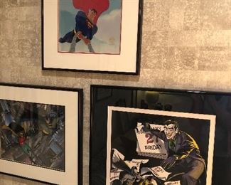 Batman and Robin limited edition Gel signed by Bennett, Timm, and Davis (18 x 16.5) $625, Superman - production art 1997 (15 x 13) $250, Joker - signed by Robinson '06, (21 x 20) $600