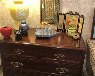 4-drawer dresser (36.5 x 19 x 29.5) $275,  Asian art, mid-century lamp, and more!