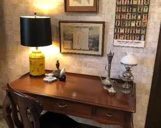 3-drawer mahogany desk (47.5 x 24 x 28.5) $300, mahogany desk chair  $150, framed prints, lamps, pewter accessories and more!