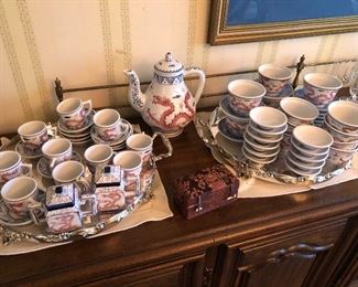 Asian tea set, soup, and sauce bowls