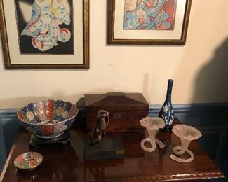 3-drawer hallway mahogany table (34 x 19 x 30) $ $150, Asian Bowl $60, vase, cigar case, Asian Artwork - set of 3, and more!