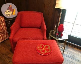 Red upholstered armchair (29 x 31 x 29) and ottoman $225 - available,  the side brass and glass octagonal table - SOLD