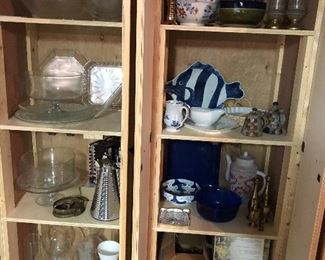 Extensive collection of glassware place settings, ceramics, and boxes of glassware