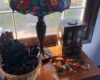 Tiffany-styled lamp $275, men's leather gloves, jewelry box and sunglasses