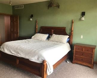 King size memory foam bed, king frame and nightstands. Sold as set 