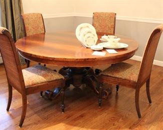 Italian 70" round dining table & four upholstered side chairs