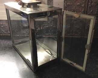 Metal and glass holder. Leather handle. $20. 10" high x 12" deep.