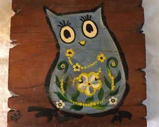 Cute hand-painted owl on wood $12. 7.5" square.