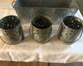 3 tin candle holders $9. 3.5" high. Tin bin $5. 13" long