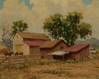 1002
William S. Darling
1882-1963, Laguna Beach, CA
"Farm Near Rancho Santa Fe," 1940
Oil on canvas
Signed lower left: W. Darling, titled and dated on the stretcher
20" H x 24" W
Estimate: $700 - $900